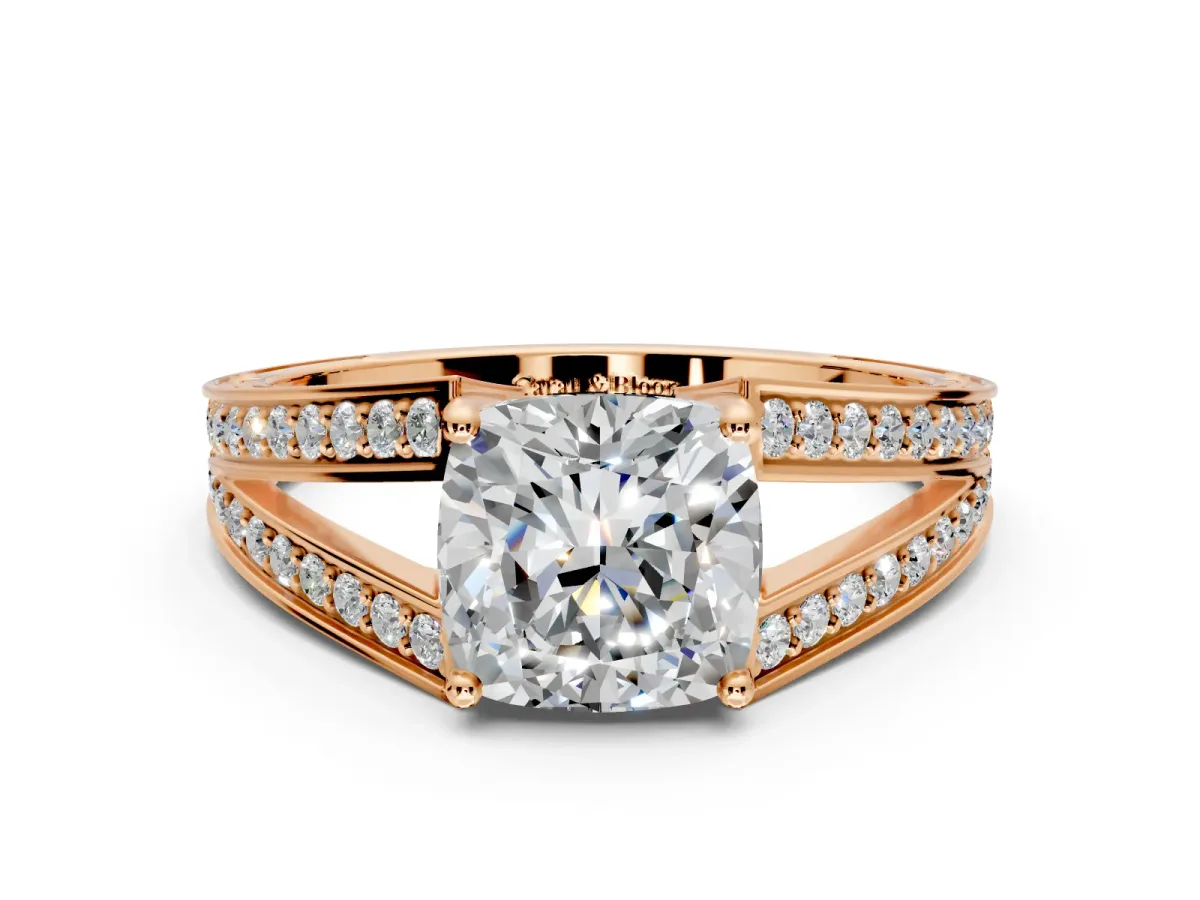 Split Shank Engagement Ring Setting for Cushion Cut Center with Pave Split Shank and Prong Head in Rose Gold