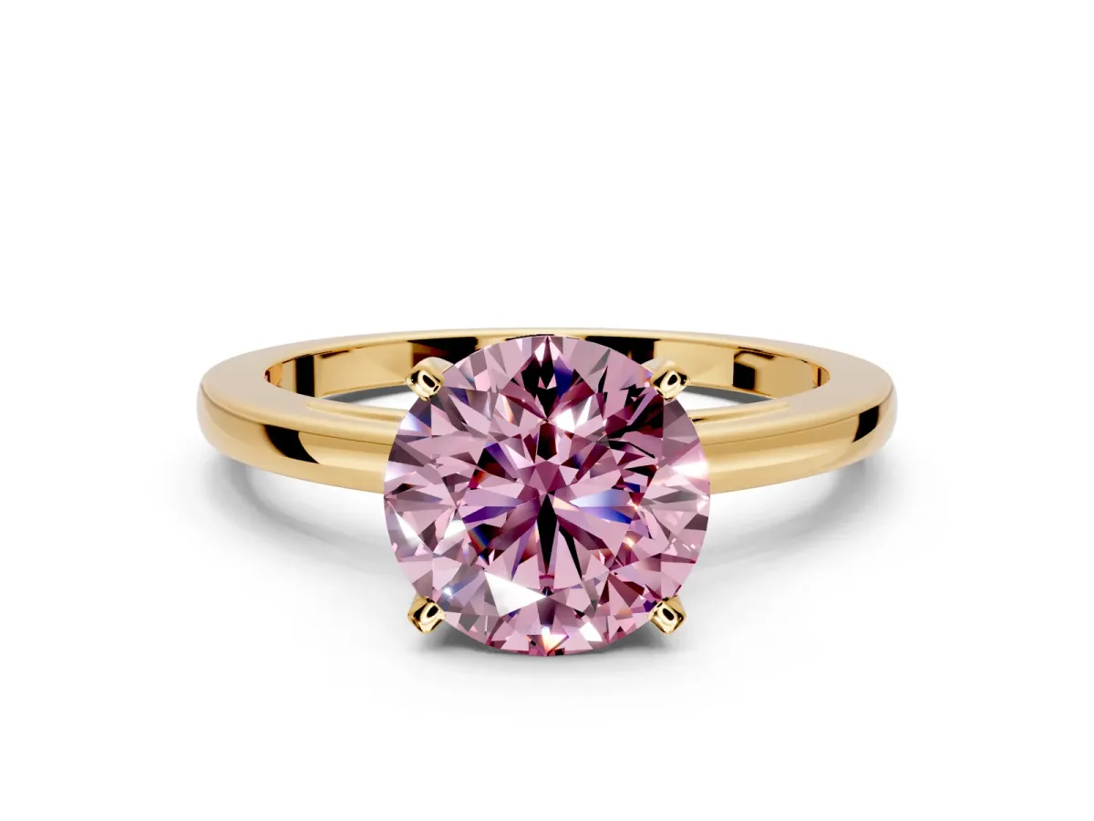 Solitaire Engagement Ring Setting for Fancy Pink Round Cut Center with Basket Rail and Prong Head in Yellow Gold