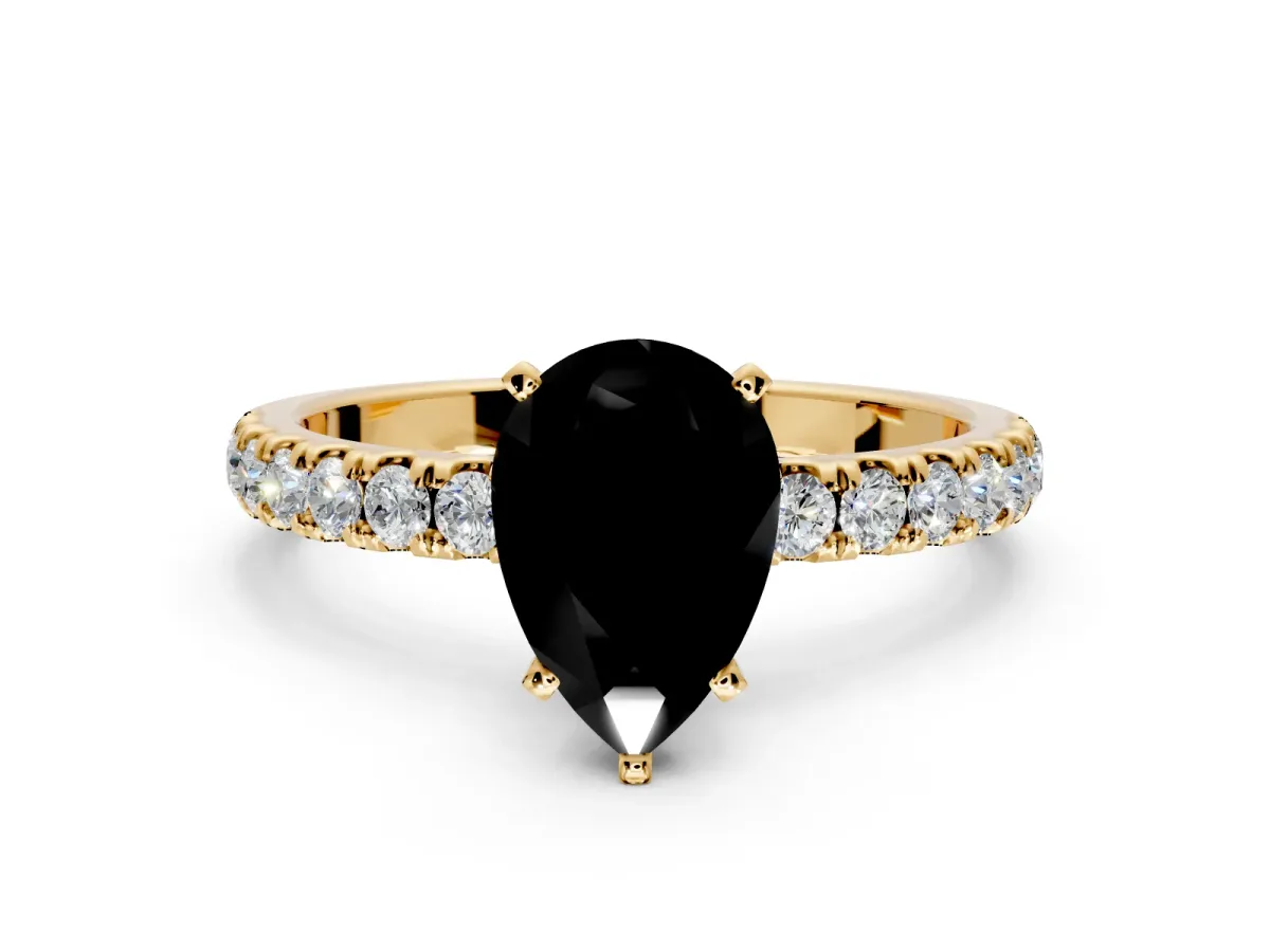 Open Basket Engagement Ring Setting for Fancy Black Pear-Shaped Center with Pave Band and Prong Head in Yellow Gold
