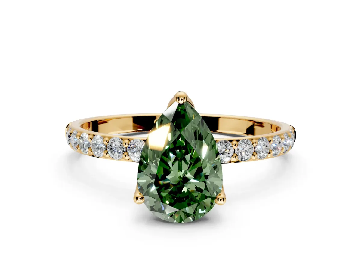 Solitaire Engagement Ring Setting for Fancy Green Pear-Shaped Center with Fine Pave Accents and Prong Head in Yellow Gold