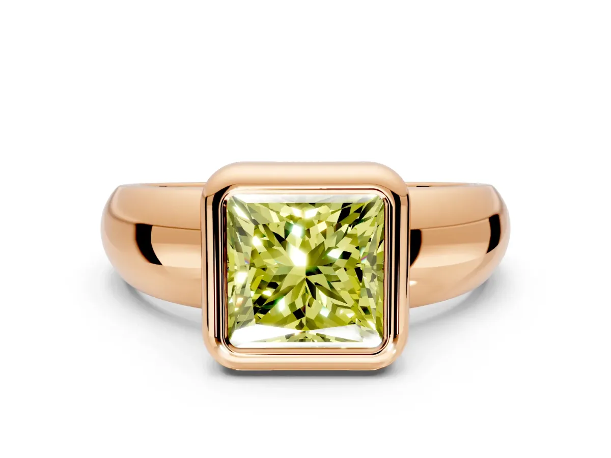Solitaire Engagement Ring Setting for Fancy Yellow Princess Cut Center with Wide Band and Bezel Head in Rose Gold