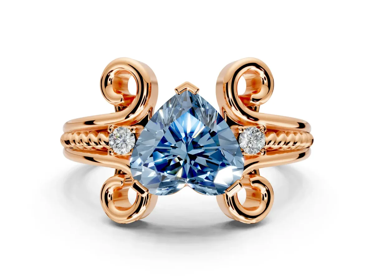 Solitaire Engagement Ring Setting for Fancy Blue Heart-Shaped Center with Twisted Band and Scroll Prong Head in Rose Gold