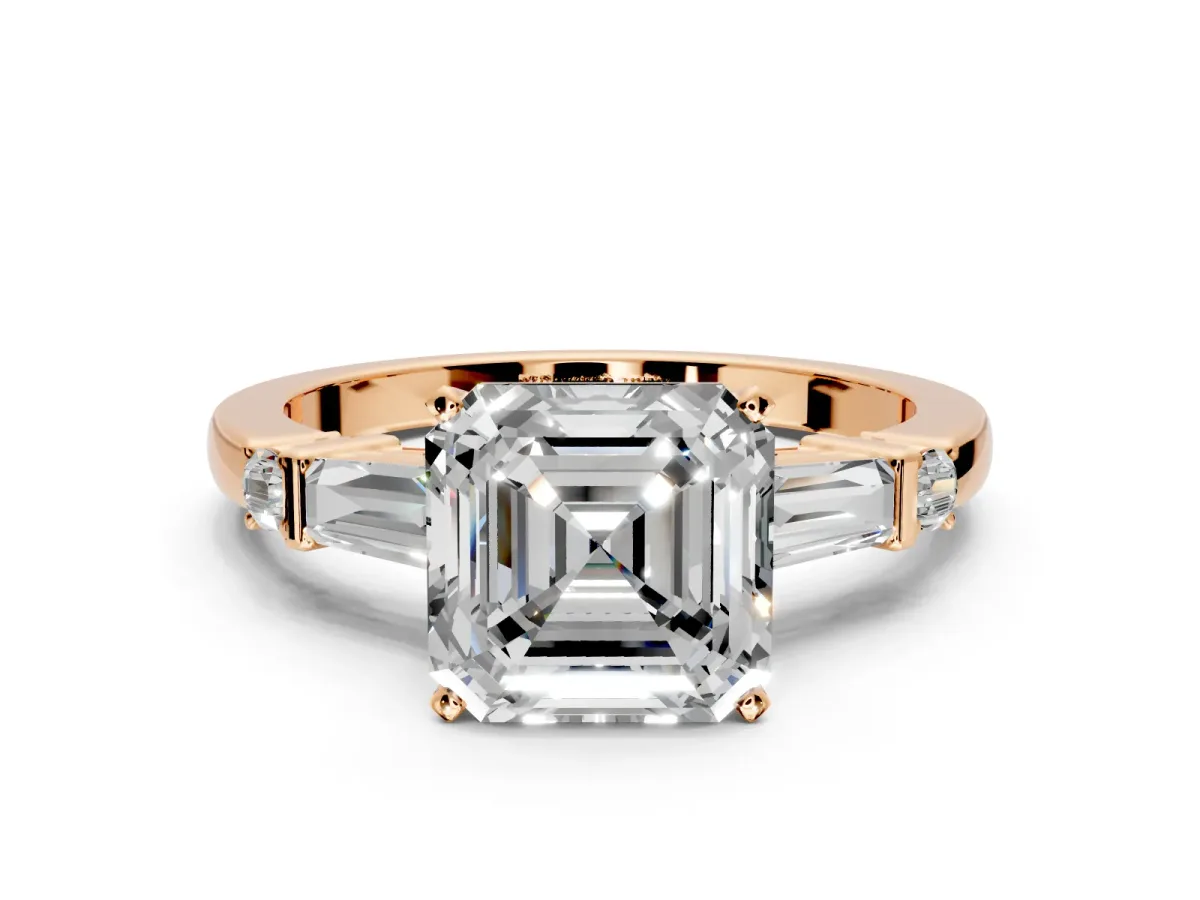 Bar-Set Engagement Ring Setting for Asscher Cut Center with Tapered Baguette Accents and Prong Head in Rose Gold
