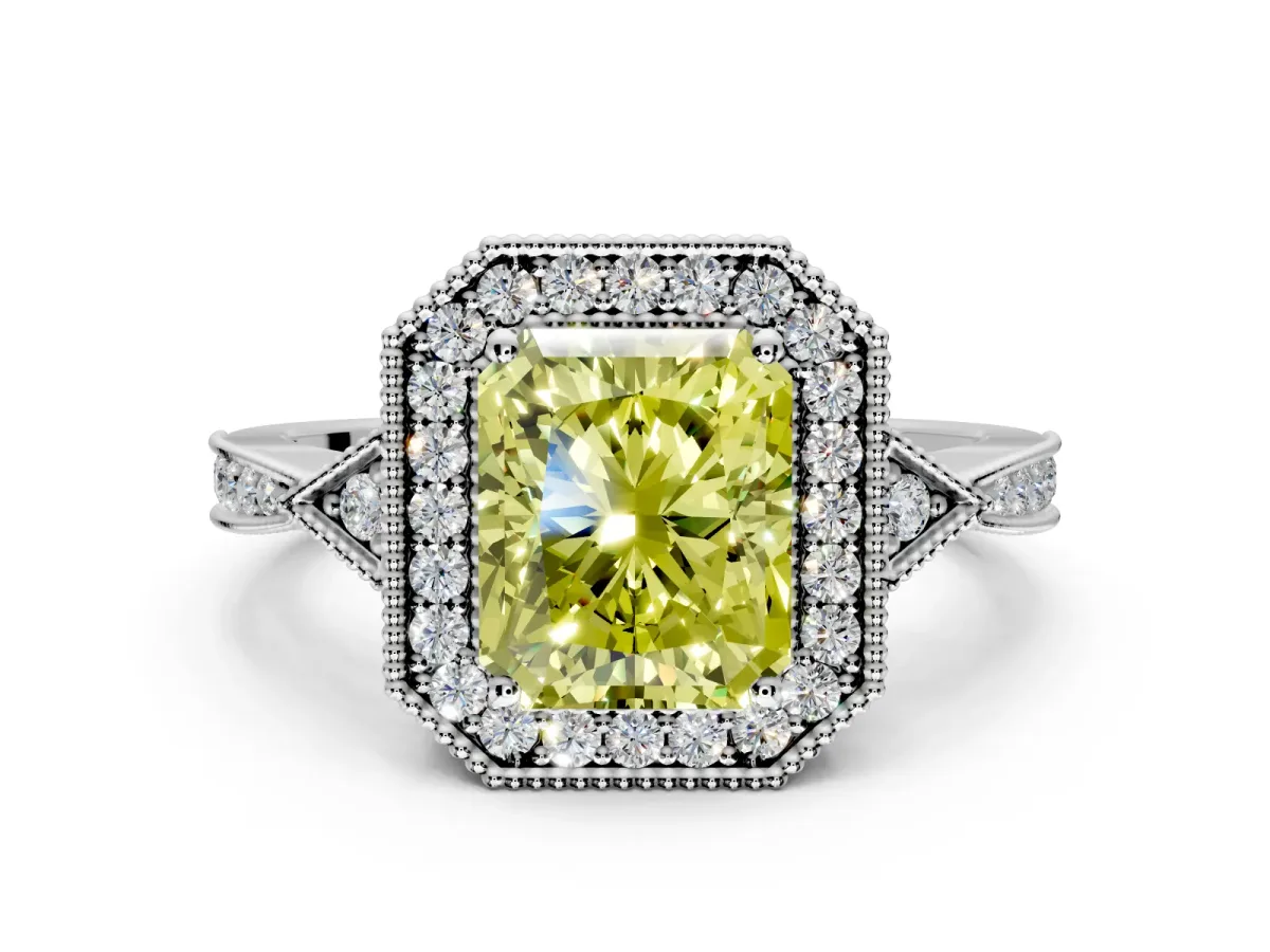 Halo Engagement Ring Setting for Fancy Yellow Radiant Cut Center with Milgrain Rim, Pave Band and Prong Head in Sterling Silver