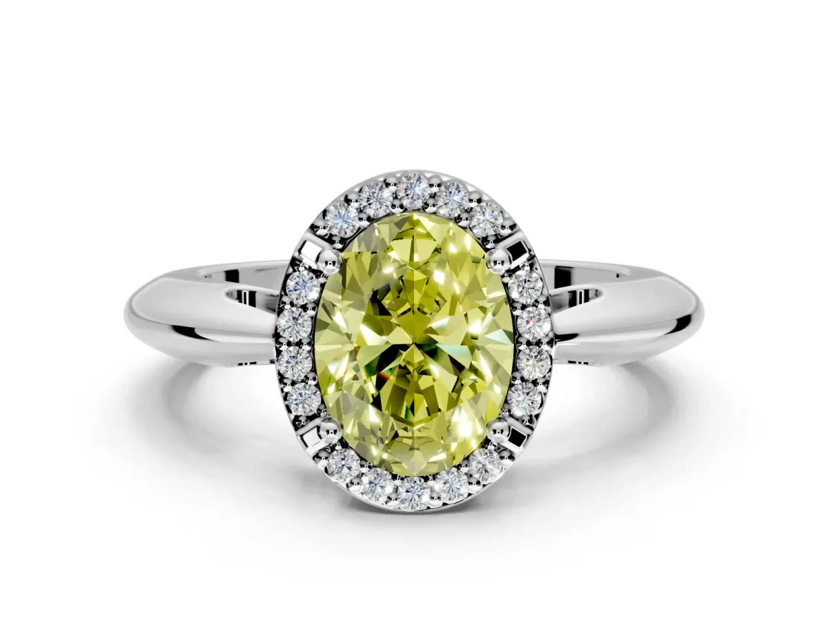 Halo Engagement Ring Setting for Fancy Yellow Oval Center with Tapered Plain Band and Prong Head in Sterling Silver