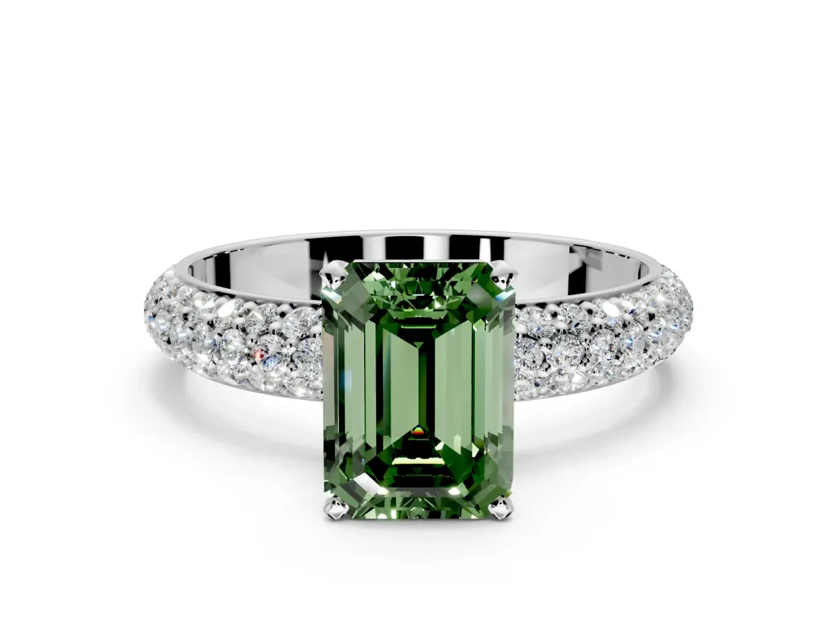 Solitaire Engagement Ring Setting for Fancy Green Emerald Cut Center with Domed Multi-Row Pave Band and Prong Head in Sterling Silver
