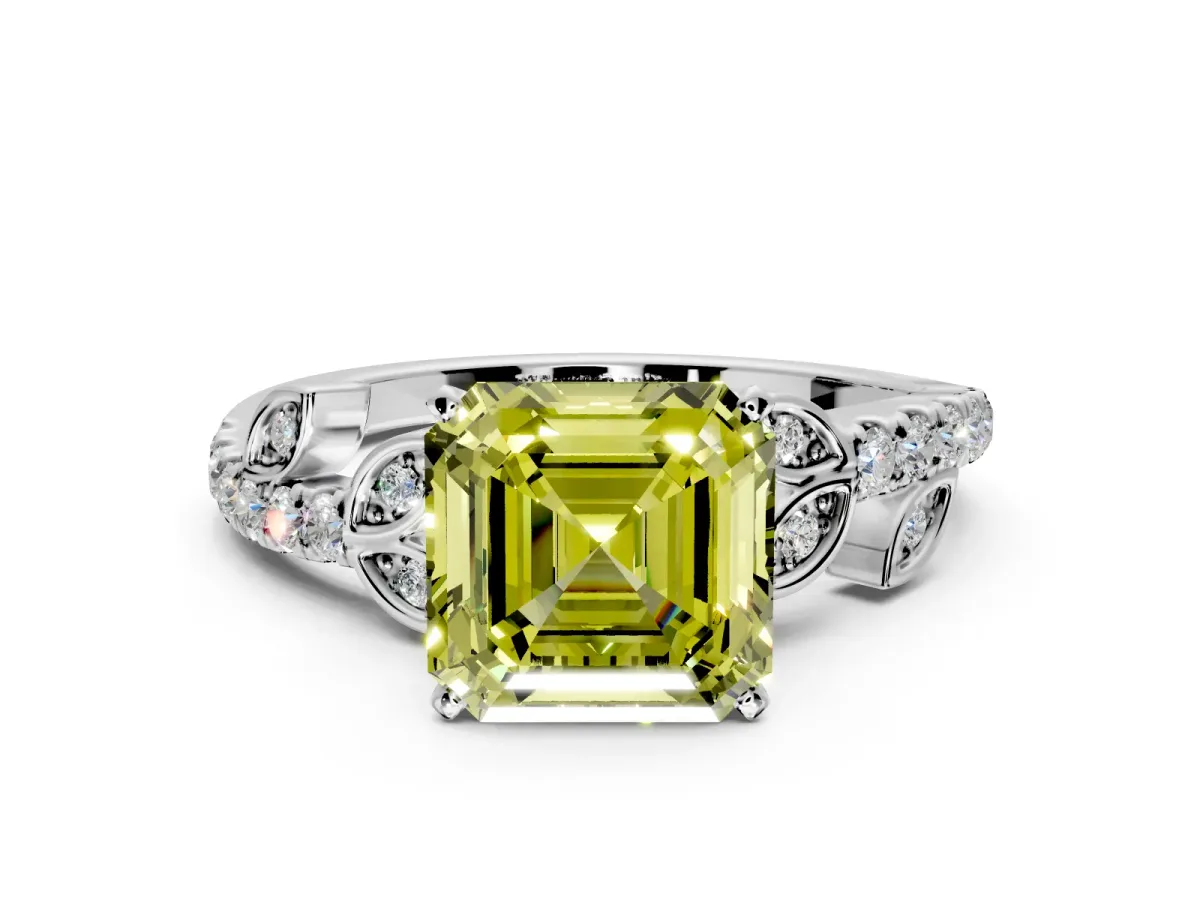 Leaf Motif Engagement Ring Setting for Fancy Yellow Asscher Cut Center with Pave Band and Prong Head in Platinum