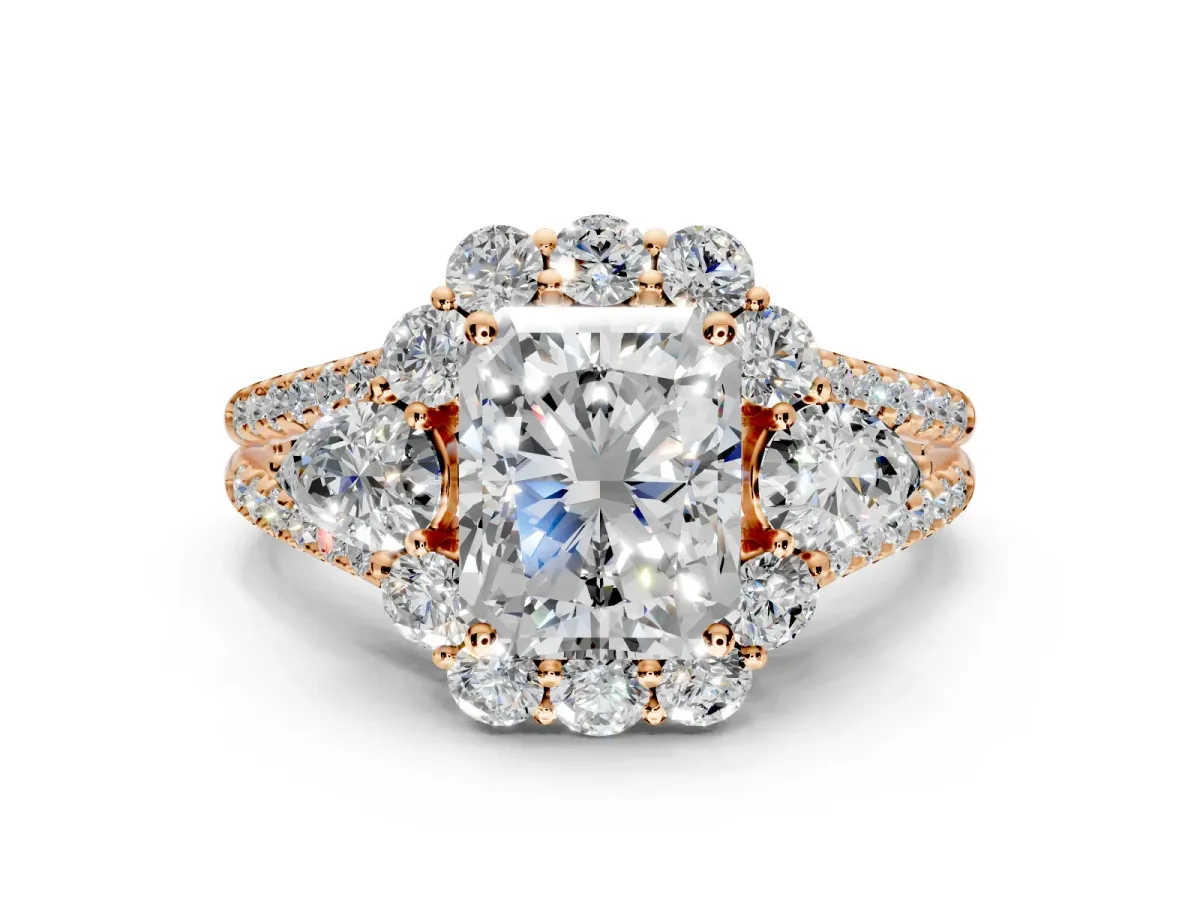 Halo Engagement Ring Setting for Radiant Cut Center with Two-Strand Split Shank and Prong Head in Rose Gold