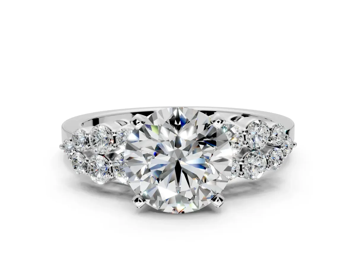 Cluster Engagement Ring Setting for Round Cut Center with 2-Row Shoulder Clusters and Prong Head in Sterling Silver
