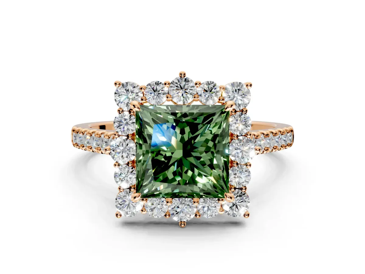 Halo Engagement Ring Setting for Fancy Green Princess Cut Center with Single-Row Pave, Open Basket and Prong Head in Rose Gold