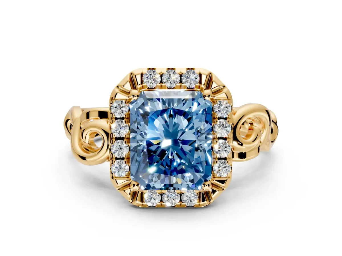 Halo Engagement Ring Setting for Fancy Blue Radiant Cut Center with Open Scroll Shoulders and Prong Head in Yellow Gold