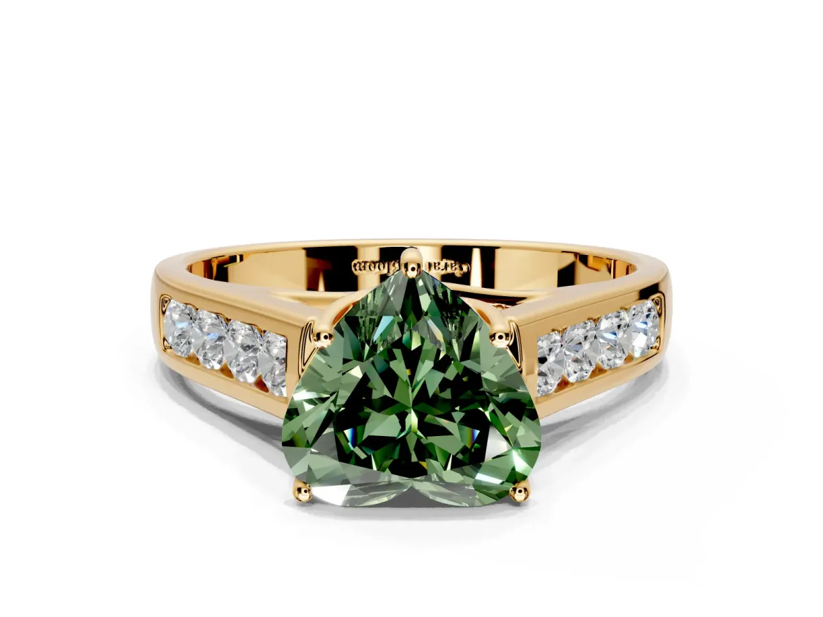 Solitaire Engagement Ring Setting for Fancy Green Heart-Shaped Center with Cathedral Channel Band and Prong Head in Yellow Gold