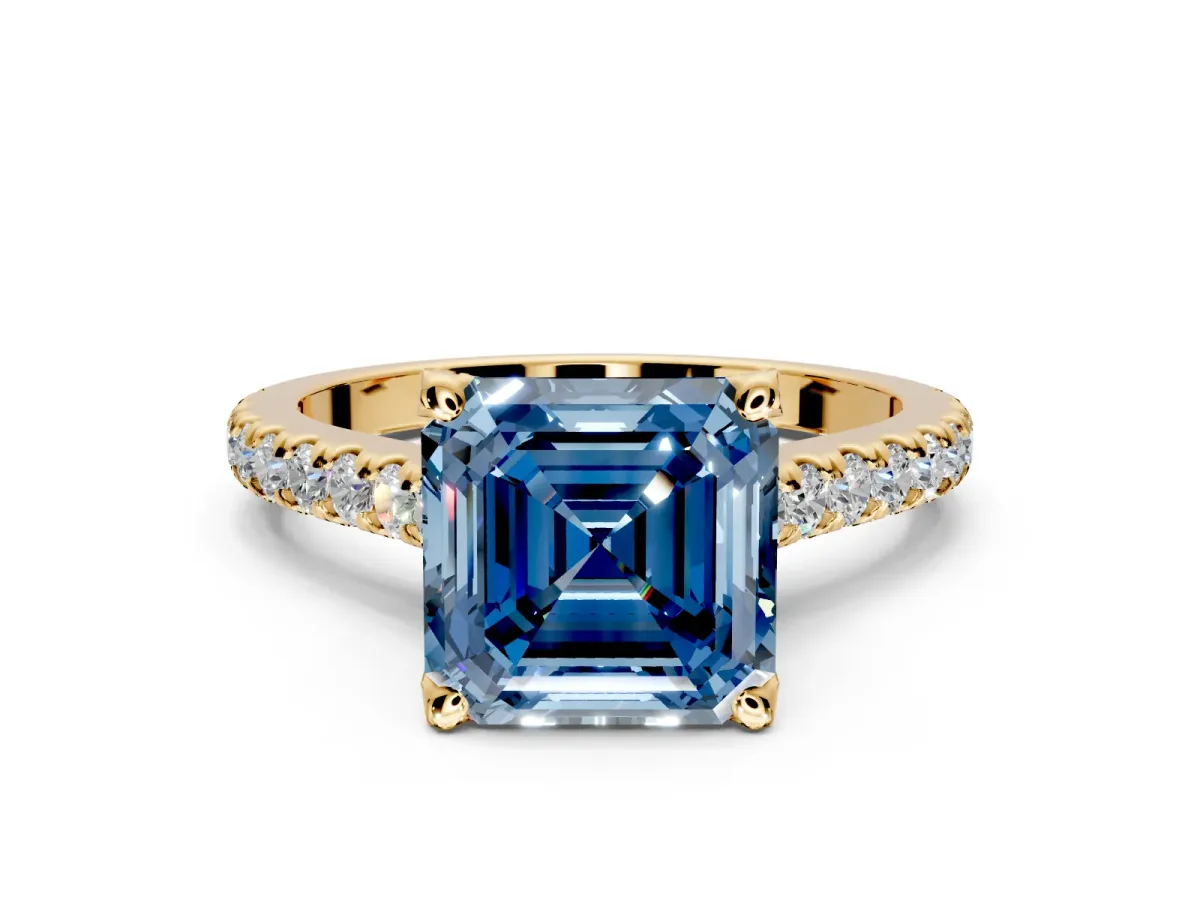 Solitaire Engagement Ring Setting for Fancy Blue Asscher Cut Center with Widening Pave Band and Claw Prong Head in Yellow Gold