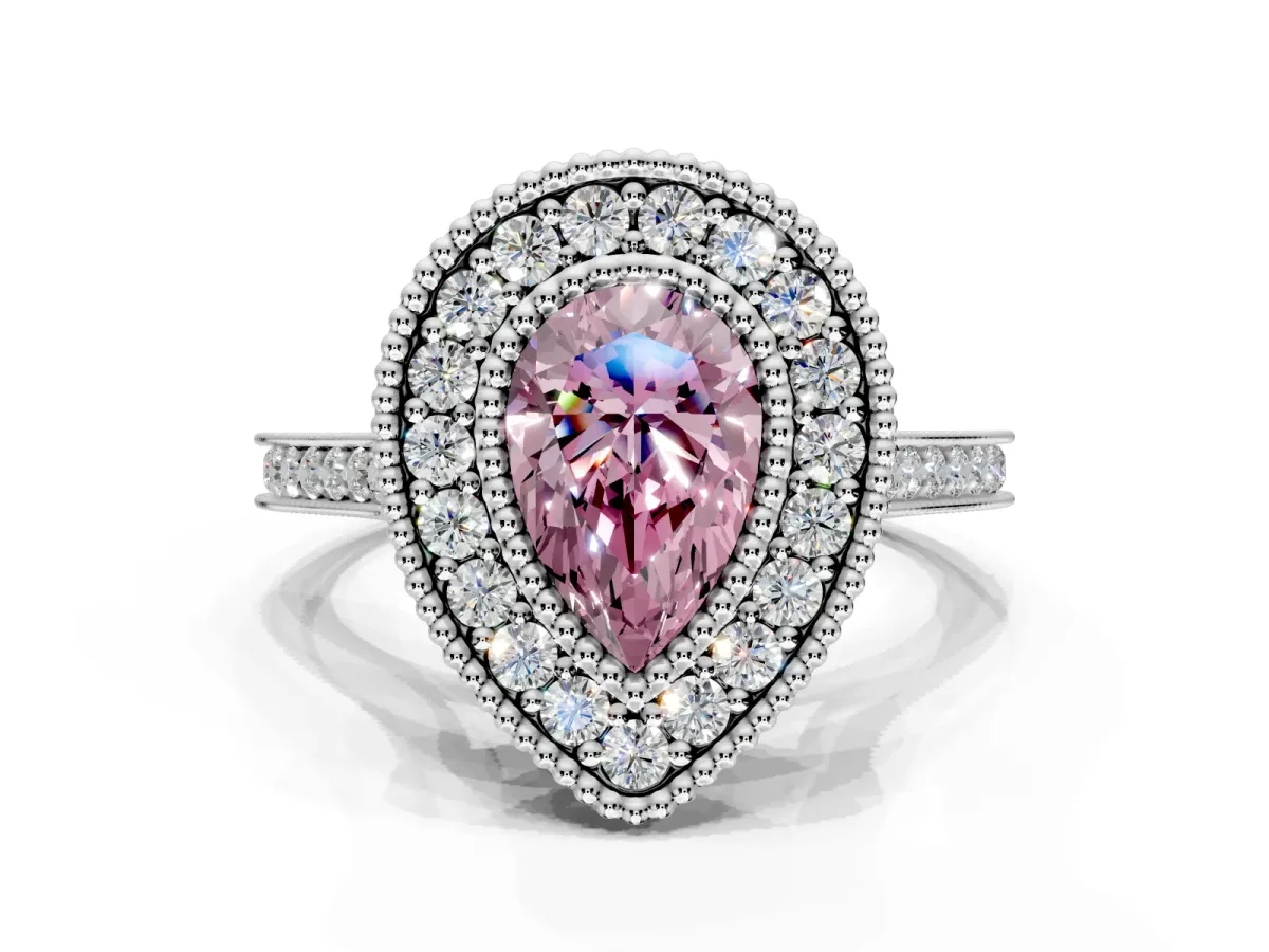 Halo Engagement Ring Setting for Fancy Pink Pear-Shaped Center with Milgrain Frame, Pave Band and Prong Head in White Gold