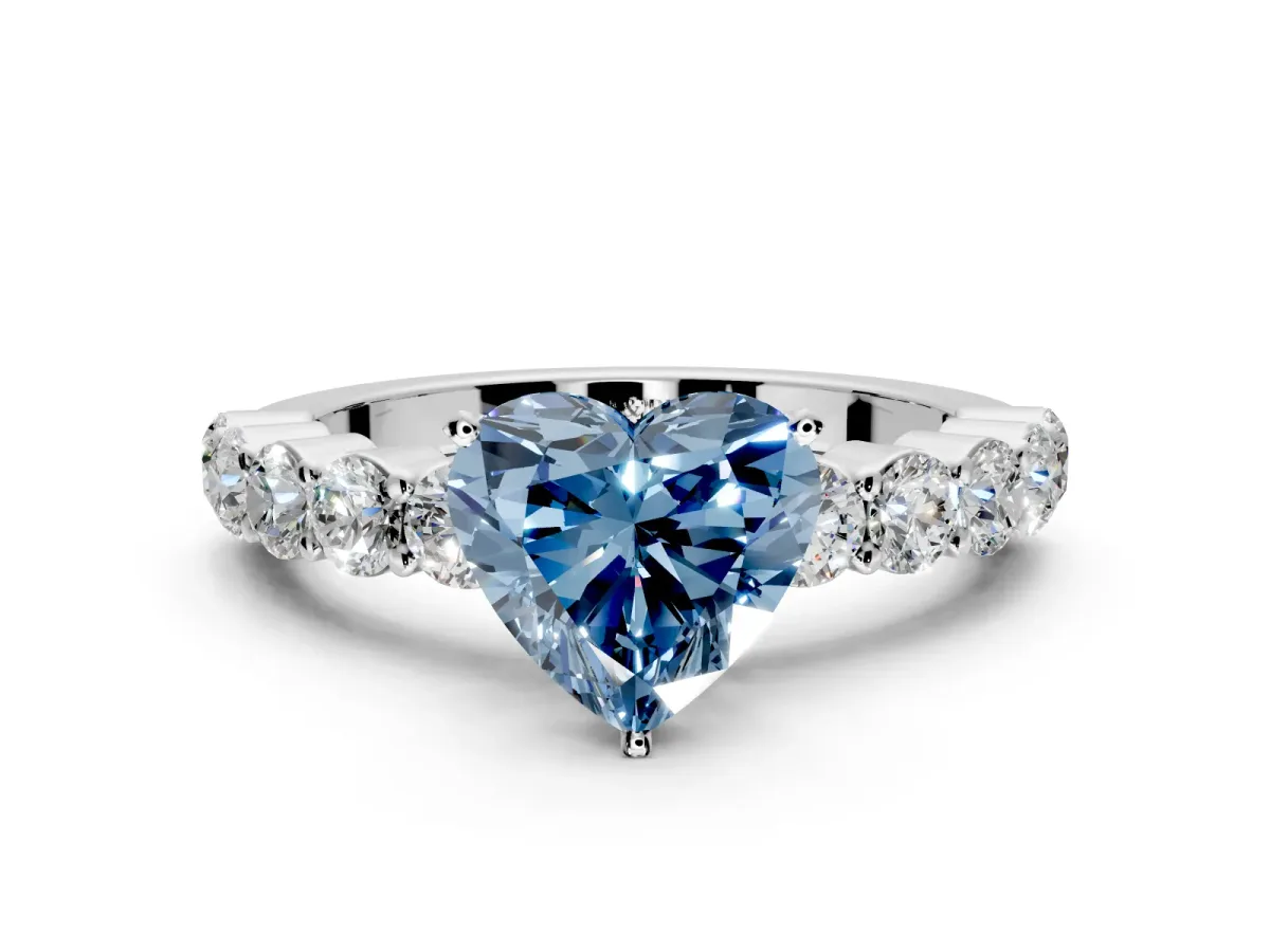 Shared-Prong Engagement Ring Setting for Fancy Blue Heart-Shaped Center with Graduated Accents and Prong Head in White Gold