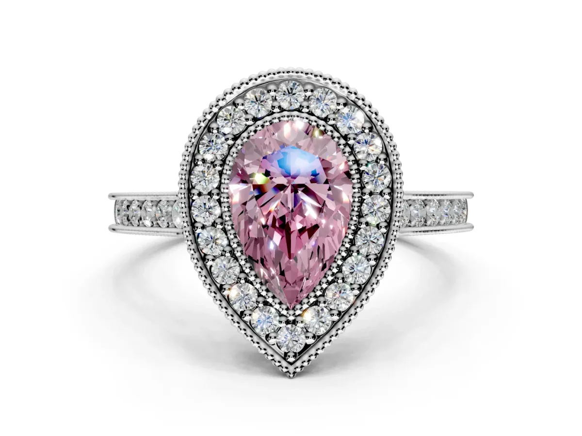 Halo Engagement Ring Setting for Fancy Pink Pear-Shaped Center with Milgrain Pave Band and Bezel Head in White Gold