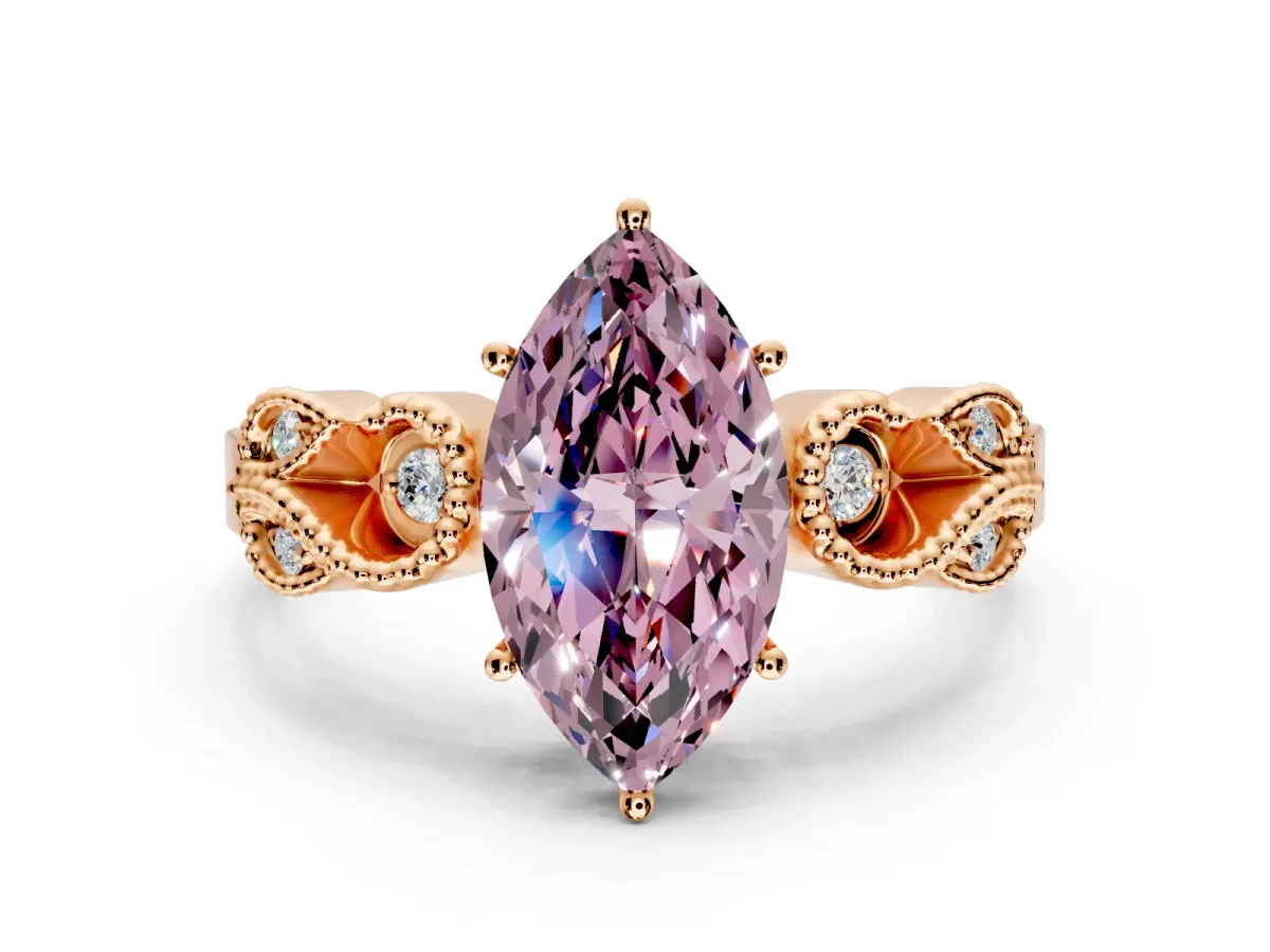 Leaf Engagement Ring Setting for Fancy Pink Marquise Center with Milgrain Accent Band and Prong Head in Rose Gold