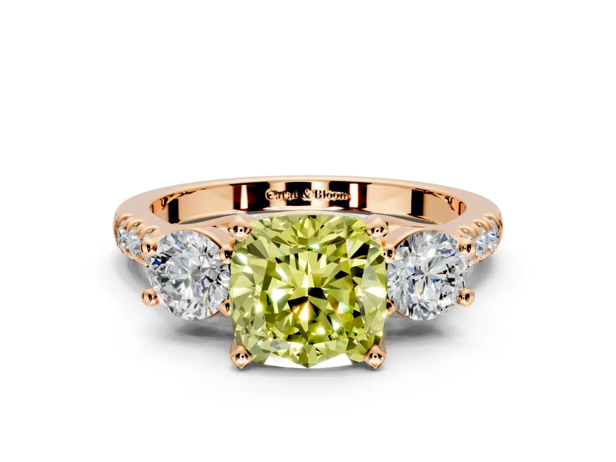 3 Stone Engagement Ring Setting for Fancy Yellow Cushion Cut Center with Crossover Basket, Pave Band and Prong Head in Rose Gold
