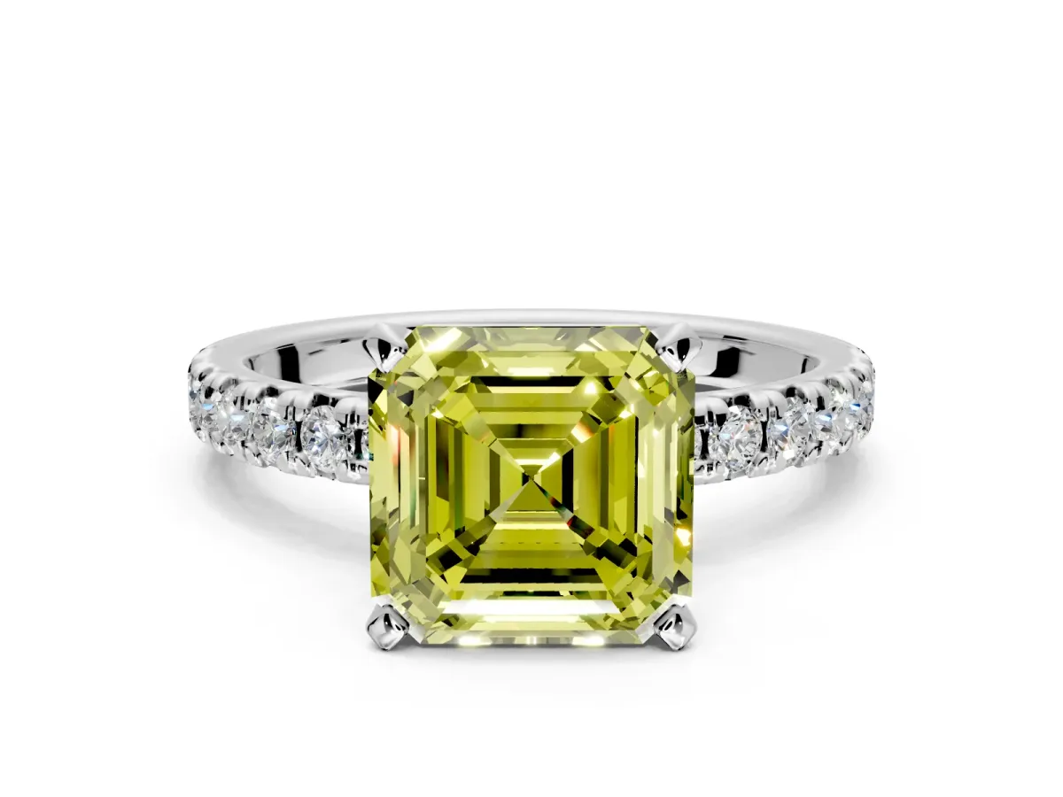 Solitaire Engagement Ring Setting for Fancy Yellow Asscher Cut Center with Large Accents and Prong Head in Platinum