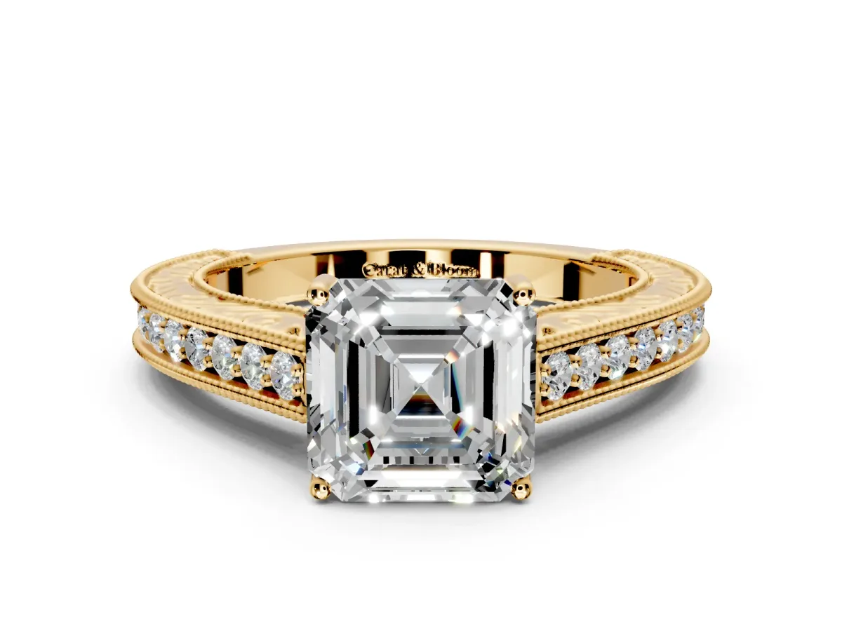 Solitaire Engagement Ring Setting for Asscher Cut Center with Engraved Pave Band and Prong Head in Yellow Gold