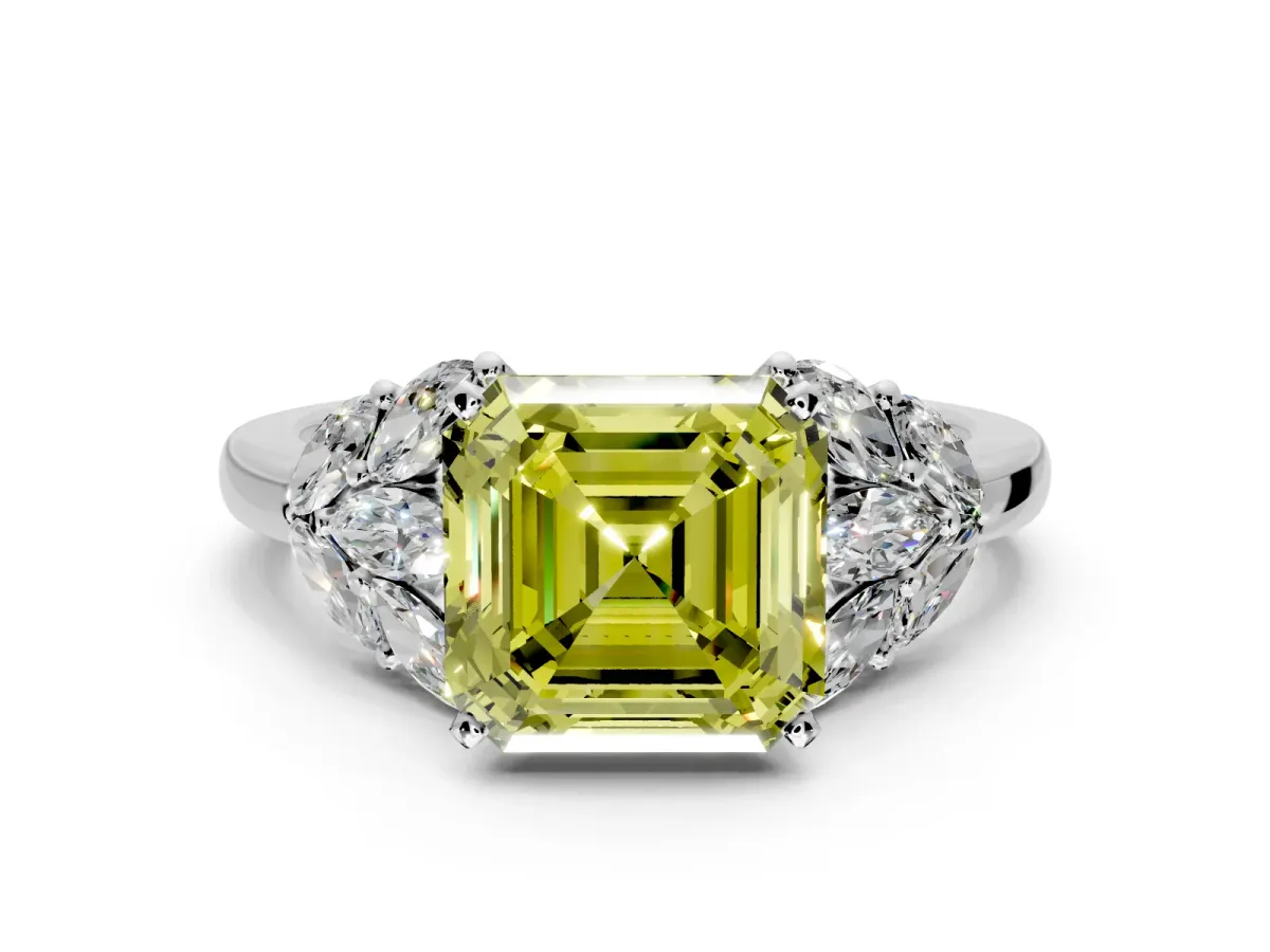 Leaf Cluster Engagement Ring Setting for Fancy Yellow Asscher Cut Center with Marquise Accents and Prong Head in Platinum