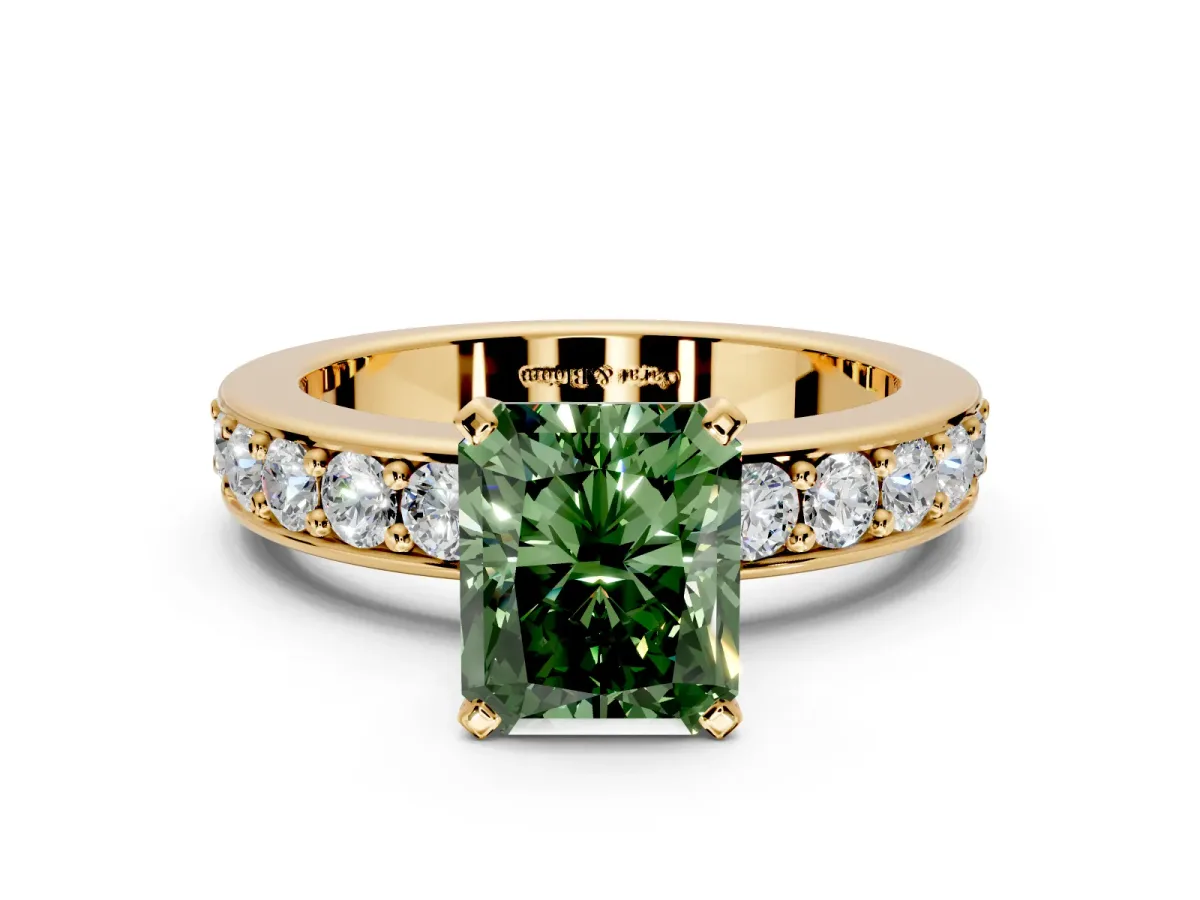 Solitaire Engagement Ring Setting for Fancy Green Radiant Cut Center with Channel-Set Accents and Prong Head in Yellow Gold