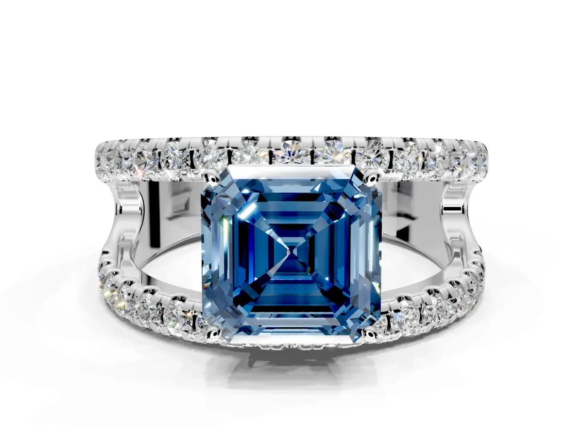 Solitaire Engagement Ring Setting for Fancy Blue Asscher Cut Center with Wide-Open Split Shank and Prong Head in Platinum