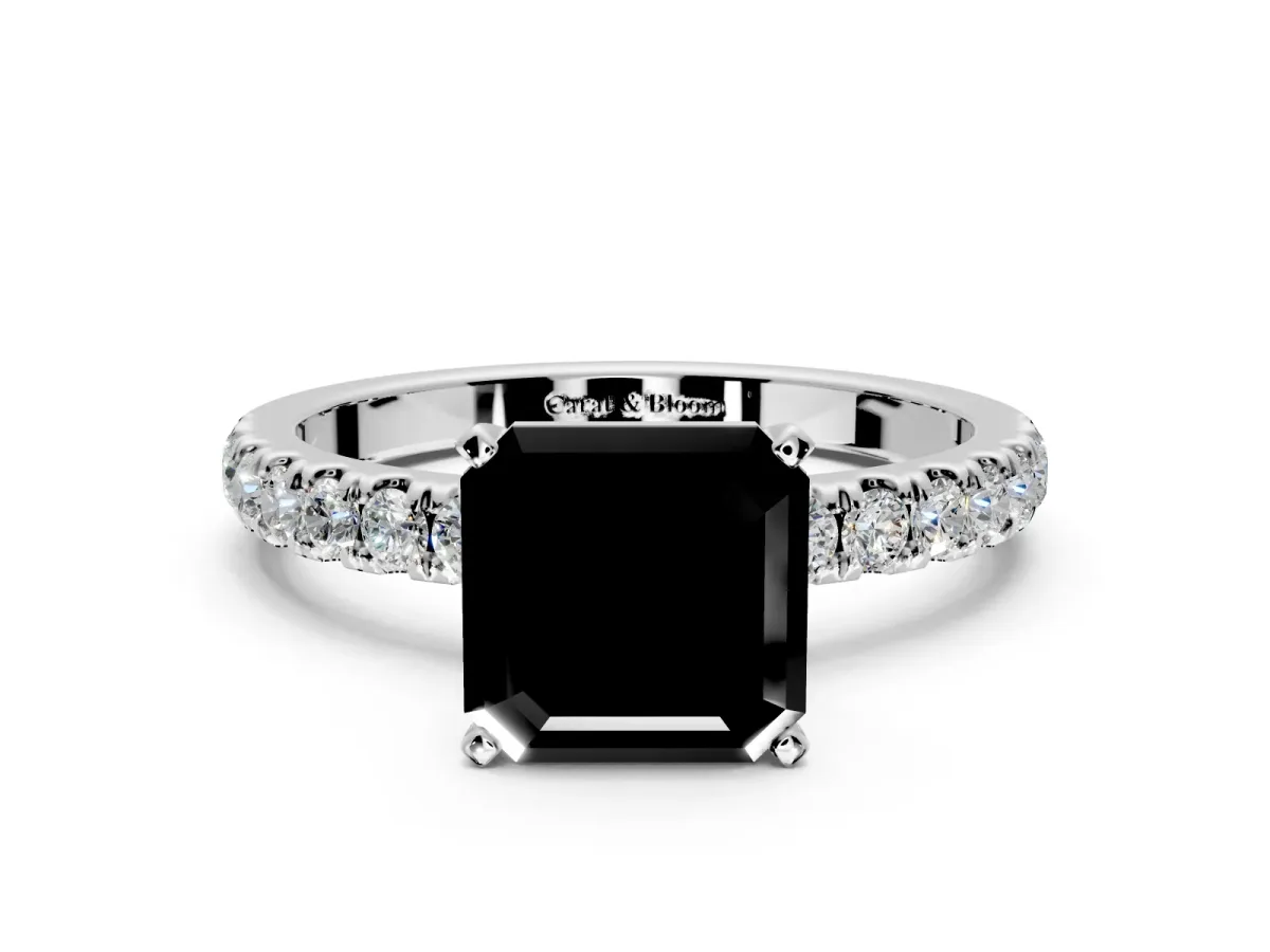 Open Basket Engagement Ring Setting for Fancy Black Asscher Cut Center with Pave Band and Prong Head in Sterling Silver