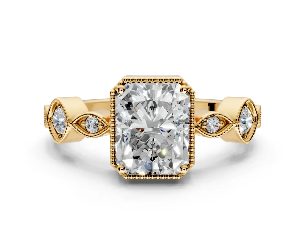 Vintage Station Engagement Ring Setting for Radiant Cut Center with Accents and Prong Head in Yellow Gold