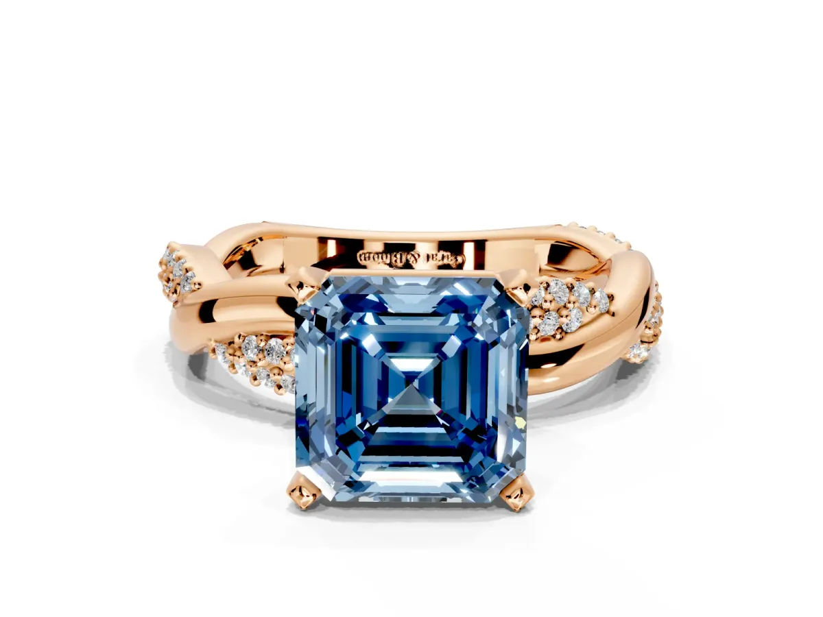 Solitaire Engagement Ring Setting for Fancy Blue Asscher Cut Center with Pave and Plain Crossover and Basket Head in Rose Gold