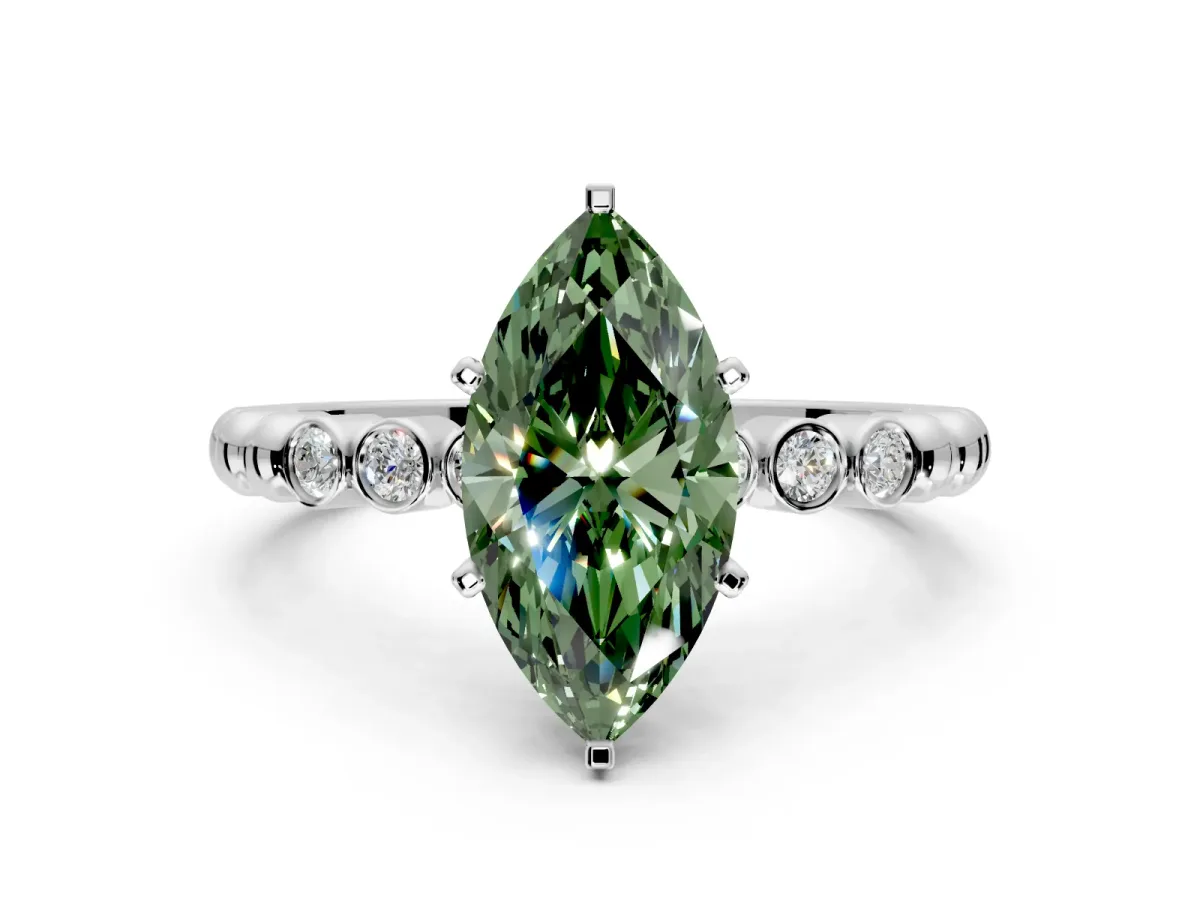 Solitaire Engagement Ring Setting for Fancy Green Marquise Center with Bezel-Dot Beaded Band and Prong Head in Sterling Silver