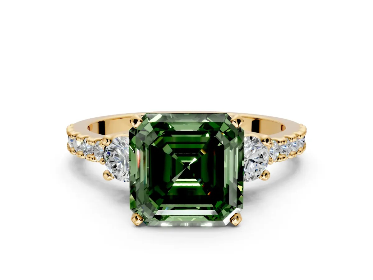 3 Stone Engagement Ring Setting for Fancy Green Asscher Cut Center with Round Cut Side Accents and Prong Head in Yellow Gold