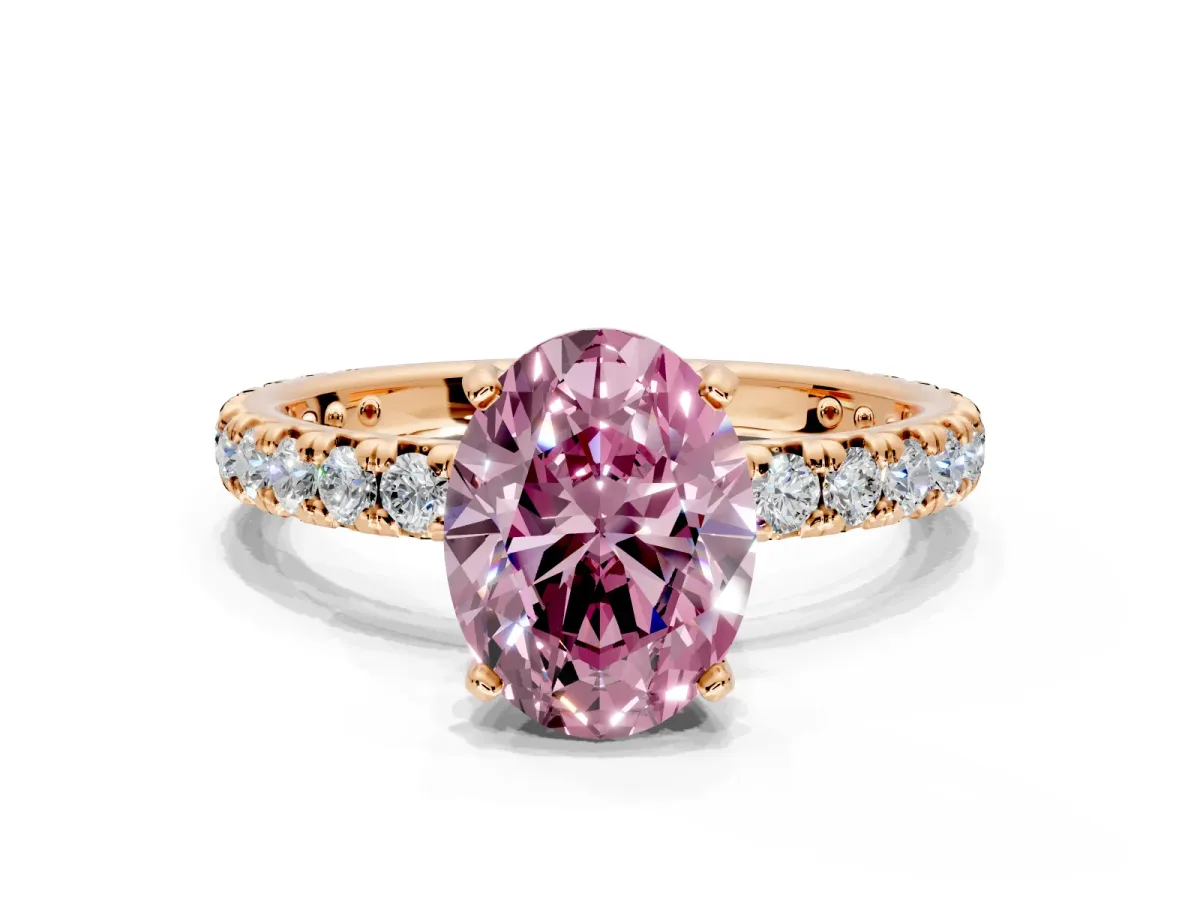 Solitaire Engagement Ring Setting for Fancy Pink Oval Center with Shared-Prong Accents and Prong Head in Rose Gold