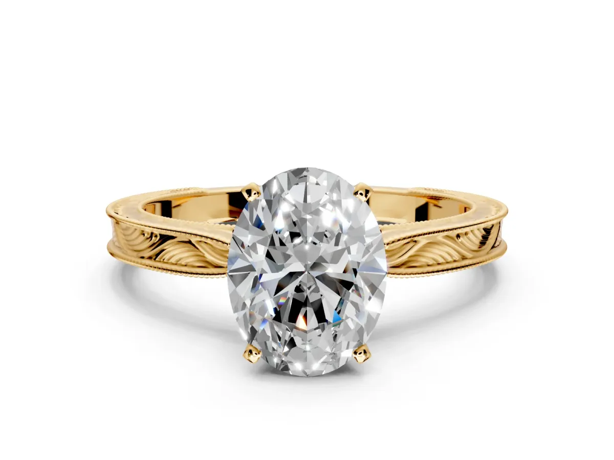 Solitaire Engagement Ring Setting for Oval Center with Engraved Milgrain Band and Prong Head in Yellow Gold