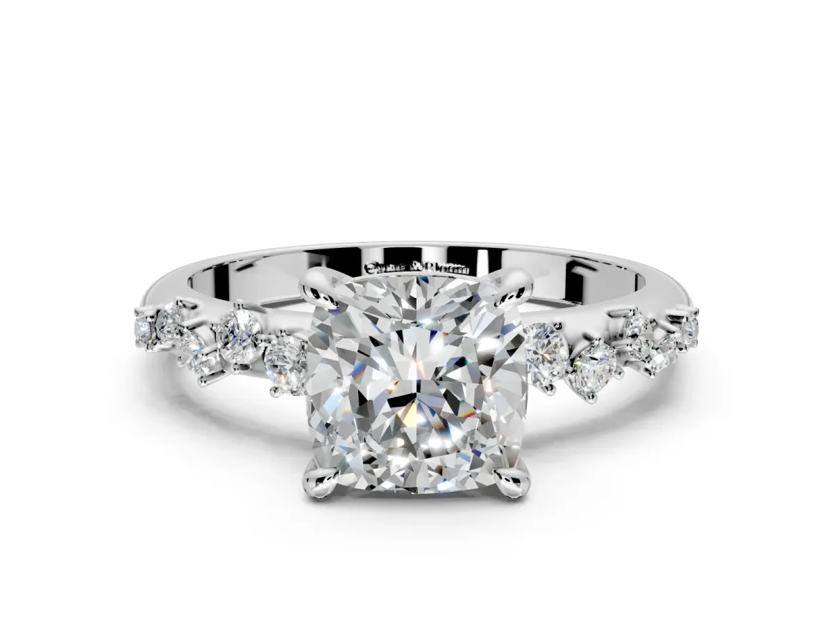 Solitaire Engagement Ring Setting for Cushion Cut Center with Trailing Leaf Accent Band and Prong Head in White Gold