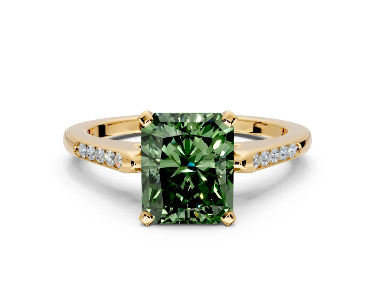 Solitaire Engagement Ring Setting for Fancy Green Radiant Cut Center with Channel Accents and Prong Head in Yellow Gold