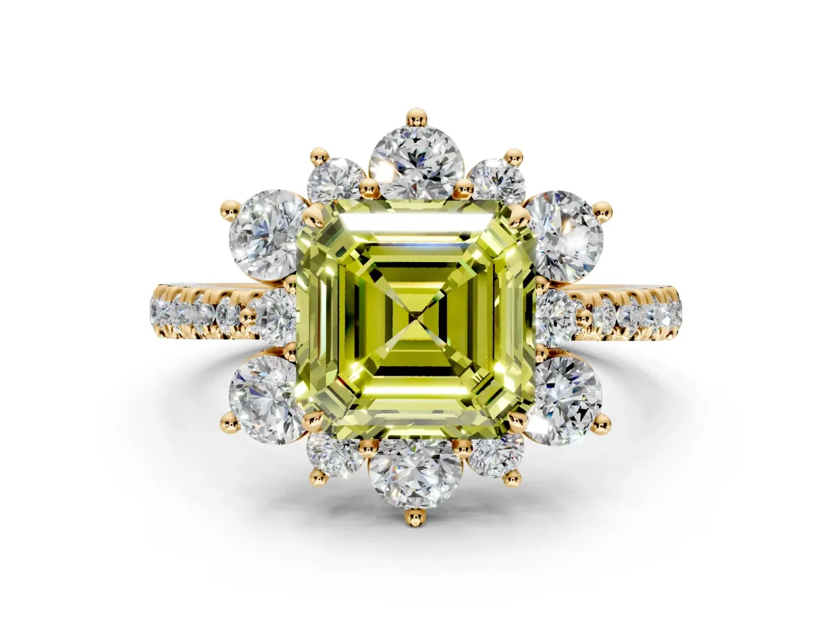 Floral Halo Engagement Ring Setting for Fancy Yellow Asscher Cut Center with Pave Accents and Prong Head in Yellow Gold