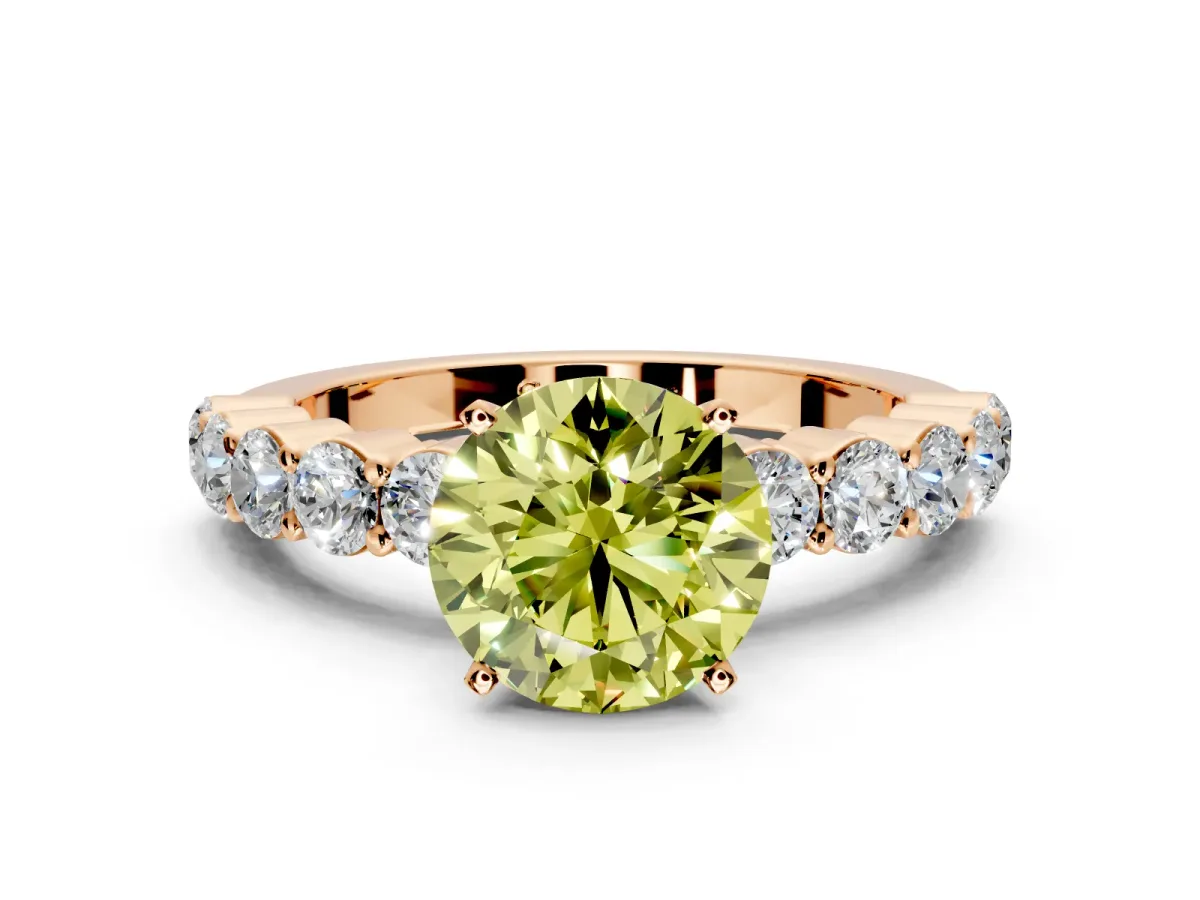 Shared-Prong Engagement Ring Setting for Fancy Yellow Round Cut Center with Graduated Accents and Prong Head in Rose Gold