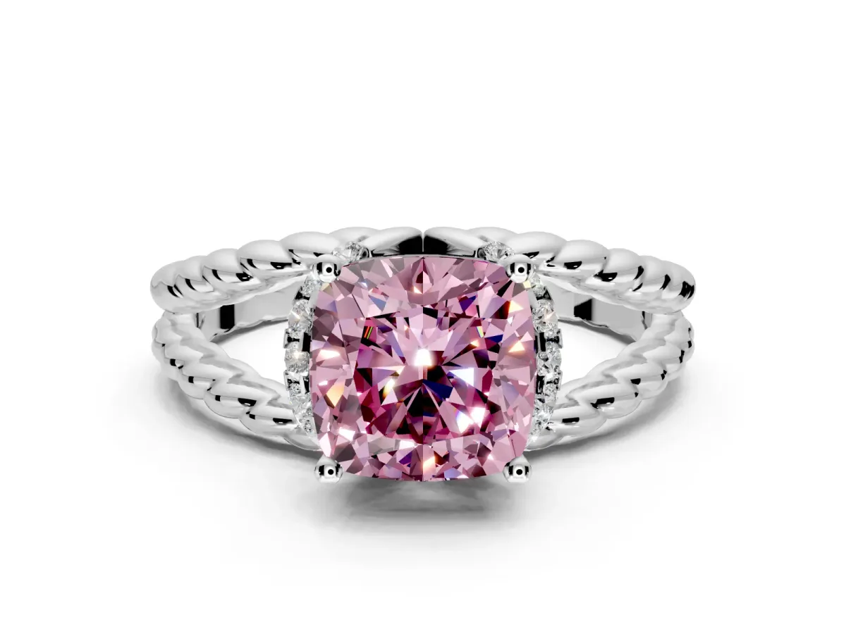 Halo Engagement Ring Setting for Fancy Pink Cushion Cut Center with Rope Twist Split Shank and Prong Head in Platinum