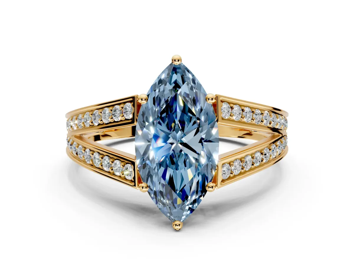 Split Shank Engagement Ring Setting for Fancy Blue Marquise Center with Pave Split Shank and Prong Head in Yellow Gold