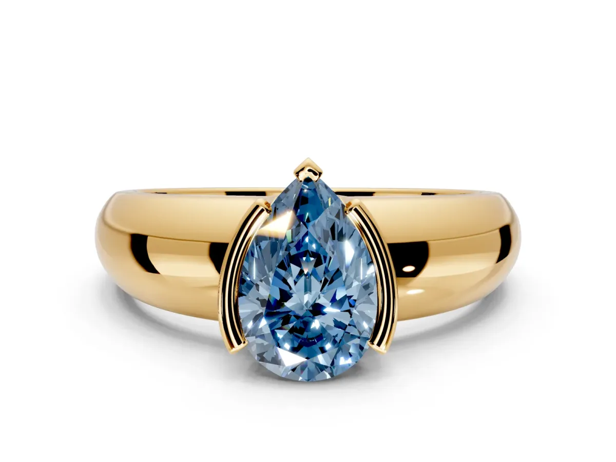 Tension Engagement Ring Setting for Fancy Blue Pear-Shaped Center with Wide Flat Band and Tension Head in Yellow Gold