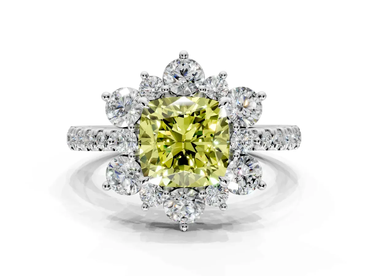 Floral Halo Engagement Ring Setting for Fancy Yellow Cushion Cut Center with Pave Accents and Prong Head in Platinum