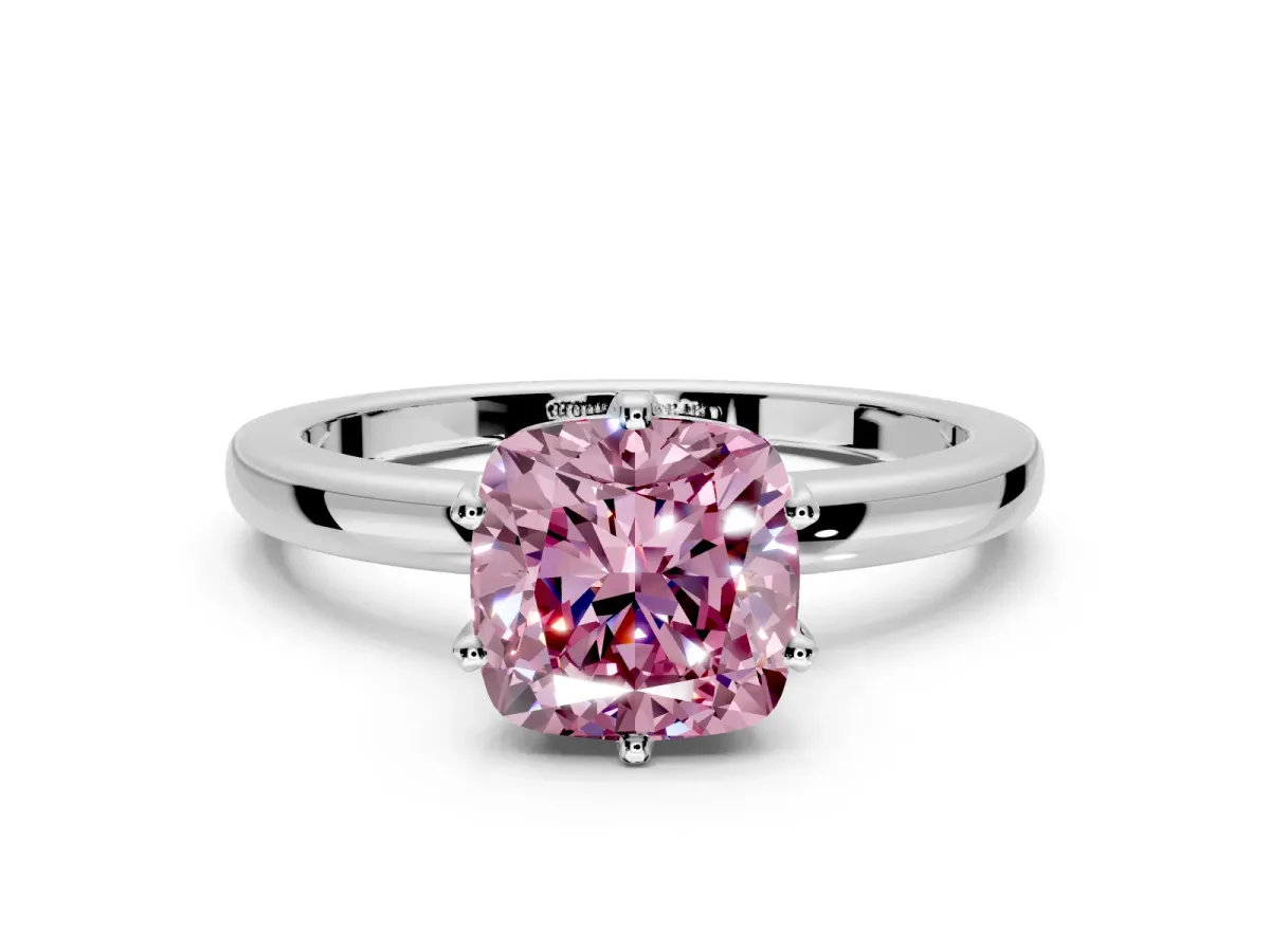Solitaire Engagement Ring Setting for Fancy Pink Cushion Cut Center with Plain Band and Tulip Prong Head in Platinum