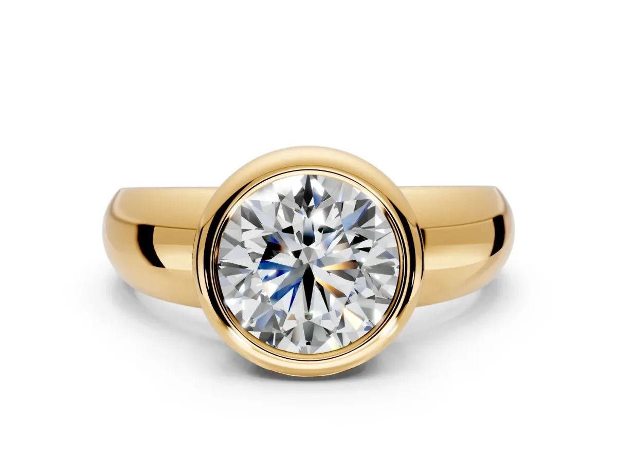 Solitaire Engagement Ring Setting for Round Cut Center with Wide Band and Bezel Head in Yellow Gold