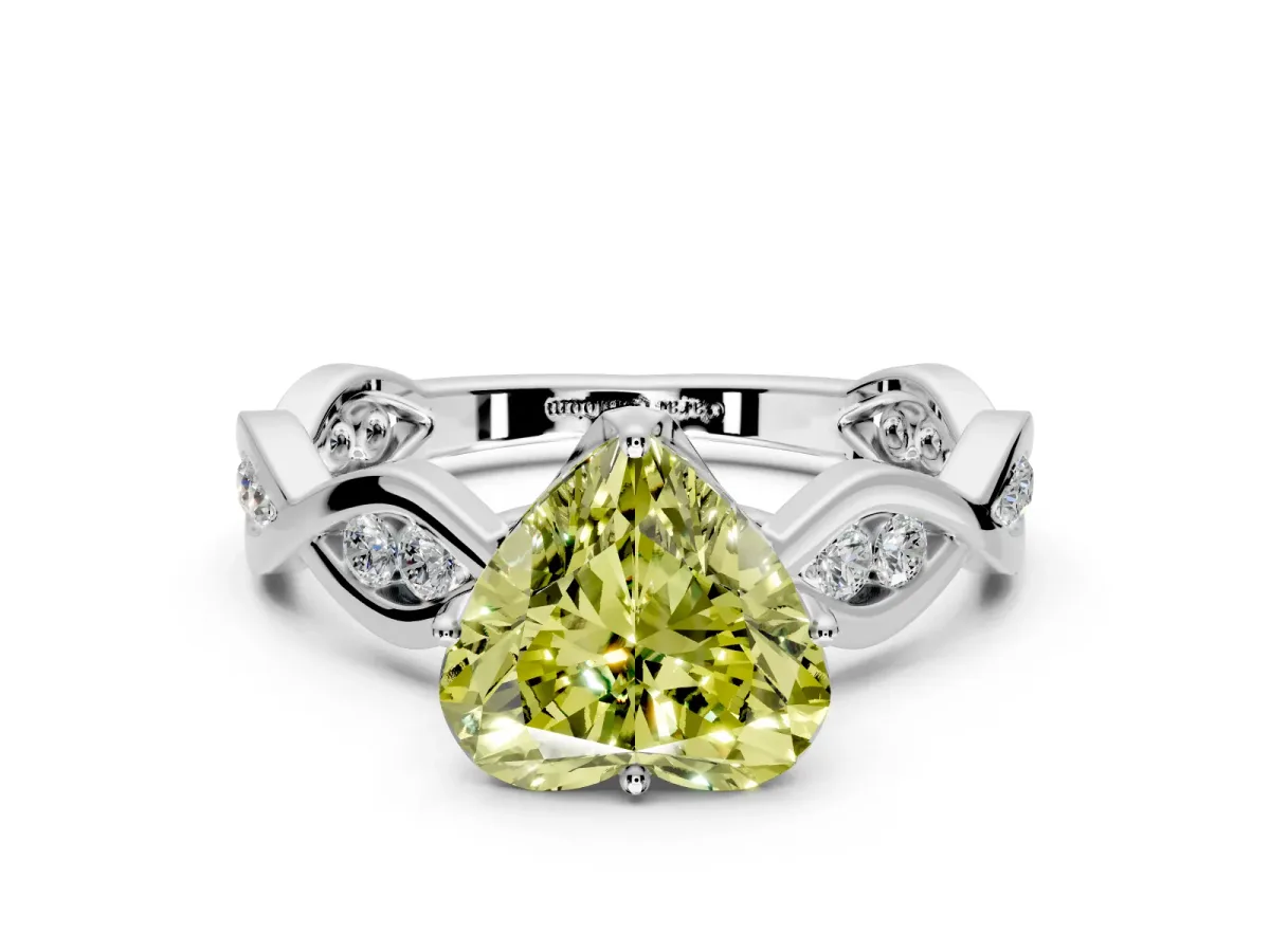 Solitaire Engagement Ring Setting for Fancy Yellow Heart-Shaped Center with Accented Twist Band and Leaf Prong Head in Platinum