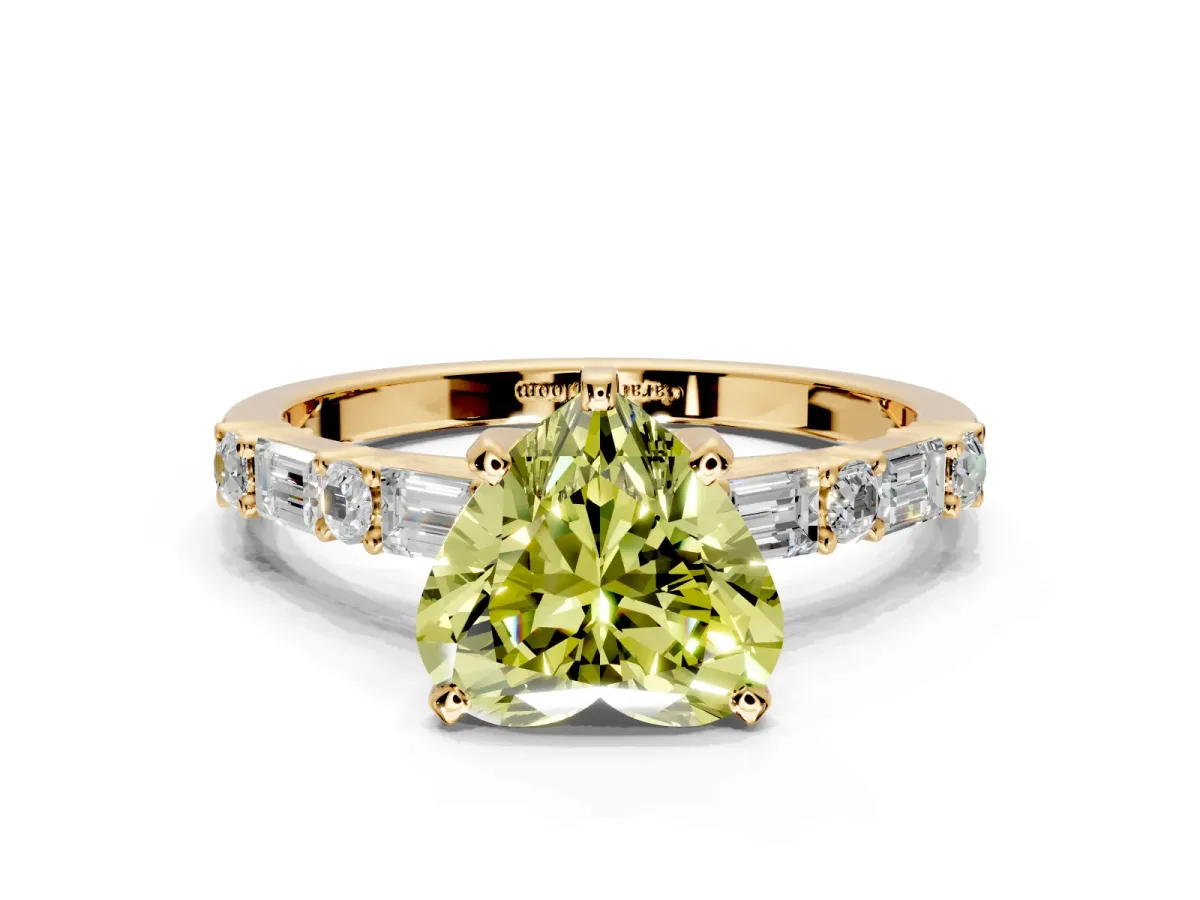 Baguette Engagement Ring Setting for Fancy Yellow Heart-Shaped Center with Alternating Bar-Set Band and Prong Head in Yellow Gold