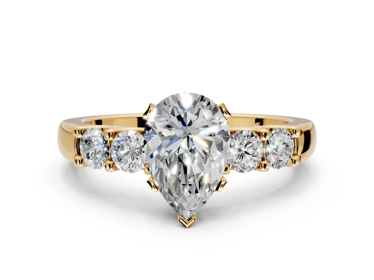 5 Stone Engagement Ring Setting for Pear-Shaped Center with Plain Band and Prong Head in Yellow Gold