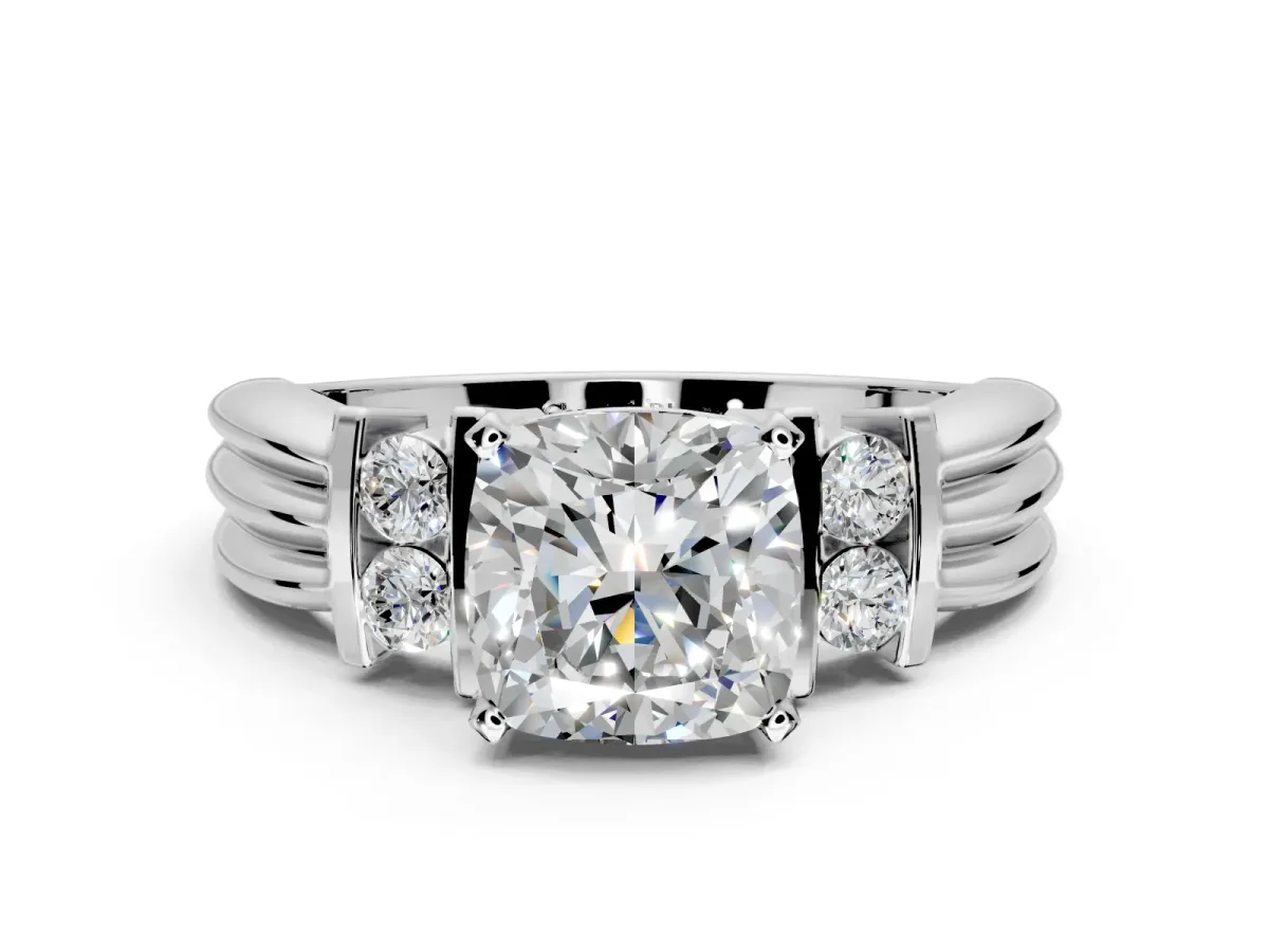 Solitaire Engagement Ring Setting for Cushion Cut Center with Grooved Bar Accent Band and Prong Head in White Gold