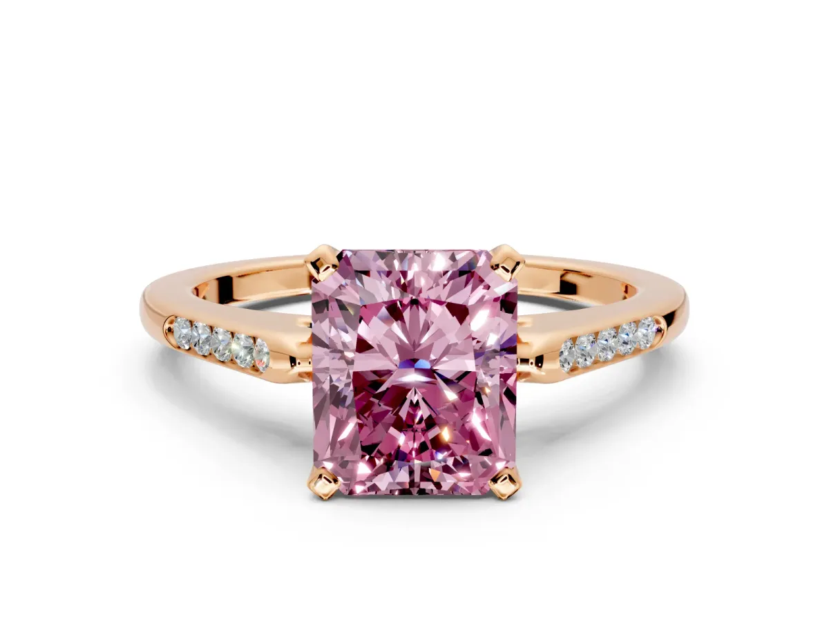 Solitaire Engagement Ring Setting for Fancy Pink Radiant Cut Center with Channel Accents and Prong Head in Rose Gold