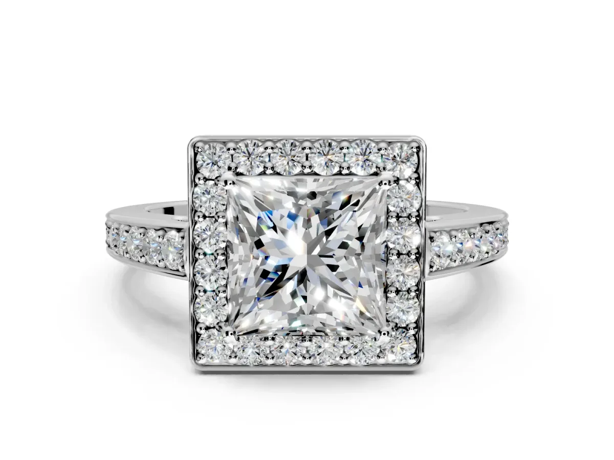 Bezel-Framed Halo Engagement Ring Setting for Princess Cut Center with Pave Band and Prong Head in Platinum